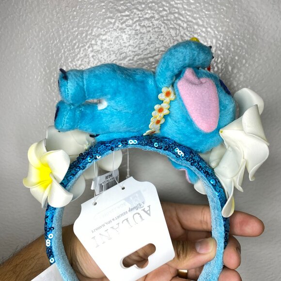 Disney Aulani Resort Lilo & Stitch Plumeria Blue Sequin Ears Headband Hawaii New